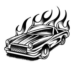 a drawing of a car with flames coming out of it's hood and tail