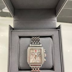 Michele Women's Watch Deco Day Diamond Worn Fair Condition Comes With Original Box Extra Links And A Book Luxury Chronograph Watches And Jewelry As Gift, Luxury Chronograph Jewelry And Watches As Gift, Elegant Chronograph Jewelry And Watches For Anniversary, Designer Diamond Watch As Gift, Elegant Anniversary Chronograph Jewelry And Watches, Elegant Diamond Chronograph Jewelry And Watches, Rectangular Diamond Watch With Subdials As Gift, Diamond-studded White Watch As Gift, Elegant White Gold Diamond Watch With Chronograph