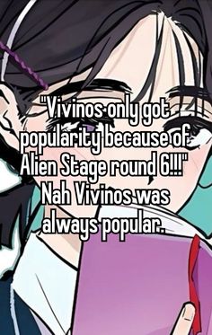 an anime character with glasses holding a pink book in his hand and the caption reads vimos only got popularityly because of alien stage round 6