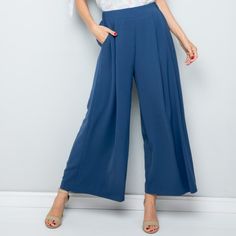 Pleat Flowy Wide Leg Pants Elastic Waistband Side Pockets Fabric 100% Polyester Made In Imported Flowy Wide Leg Pants, Boutique Pants, Pants Color, Leg Pants, Wide Leg Pants, Pant Jumpsuit, Wide Leg, Color Blue, Pants For Women