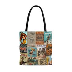 "Really nice, western-inspired tote bag featuring vintage wild west posters. This tote bag would make a great gift for a Bridesmaid or Western Enthusiast. Check out my store to see this design on different products. This practical, high-quality Tote Bag is available in three sizes. Made from reliable materials, lasting for seasons. .: 100% Polyester .: Boxed corners .: Black inner stitching, transparent thread on hems. .: Black cotton handles .: With non-woven laminate inside .: NB! Size toleran Western Style Rectangular Bags For Western-themed Events, Western-style Rectangular Bag For Western-themed Events, Western-style Rectangular Bags For Western-themed Events, Western Style Rectangular Travel Bag, Cowboy Cute, Vintage Wild West, Western Tote Bags, Big Tents, Cowgirl Gifts