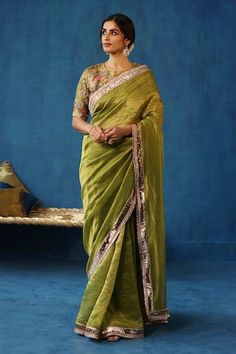 Pista green saree with gota embellishment and zari woven motifs. Paired with hand embroidered padded blouse. - Aza Fashions Zari Saree Silk, Saree Gowns, Dhoti Saree, Cotton Sarees Handloom, Ruffle Saree, Brocade Blouses, Saree Silk, Black Saree, Green Saree