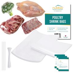 poultry shrink bags with meat and vegetables on the side, next to them are plastic chopping utensils