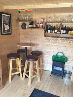 three stools and a table in a room with wood paneling on the walls