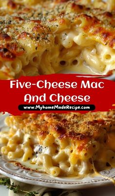 three cheese macaroni and cheese on a white plate with red text overlay