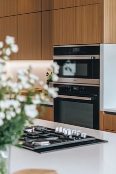 Wide angle view of Japandi kitchen blending Japanese minimalism Scandinavian practicality clutter free serene environment