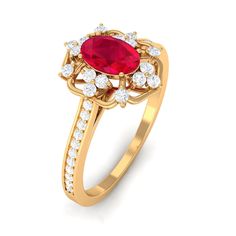 Product Details Surprise your beloved with this refined Vintage Inspired Floral Engagement Ring, a stunning piece that exudes elegance and charm. The centerpiece of this exquisite ring is an Oval Cut Created Ruby, beautifully showcased in a Prong Setting and accented with sparkling Round Shape Diamond stones. The Created Ruby ring is crafted with Solid Gold, adding to its timeless appeal. Give your special someone a gift that she will cherish forever, and symbolize your love with this magnificen Flower Engagement, Floral Engagement Ring, Flower Engagement Ring, 18k Yellow Gold Ring, Diamond Flower, Ruby Ring, Diamond Stone, Yellow Gold Rings, Oval Cut