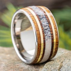 Gold and Antler Wedding Band with Wood Inlays Antler Wedding Band, Antler Wedding, Wood Wedding Band, Antler Ring, Elk Antlers, Koa Wood, Titanium Ring, Wood Wedding, Wedding In The Woods