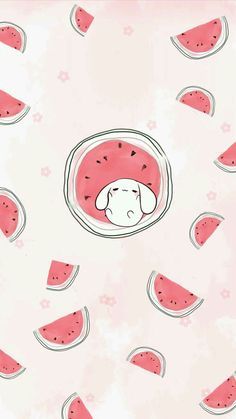 a pink background with watermelon slices and a dog