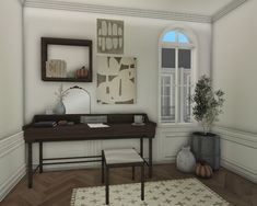 a room with a desk, mirror and potted plant on the floor in front of a window