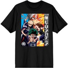 Join the team of heroes with this My Hero Academia tee. The shirt features Katsuki and Ochako dueling each other. Deku appears in front preparing for combat while Todoroki's face appears in the background. Vertical white kanji letters are printed on the side of the image. The tee comes in a black short sleeve crew neck and makes a great gift for fans of the anime. My Hero Academia T Shirt, My Hero Academia Shirts, My Hero Academia Tshirt, My Hero Academia Clothes, Mha Shirt, Kanji Letters, My Hero Academia Deku, My Hero Academia Shirt, Anime Shirts