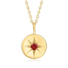 Ross-Simons - July/Ruby - Birthstone Star Disc Pendant Necklace in 14kt Yellow Gold. 18". RS Pure. Modern designs that complete your outfit and complement your personality. Celebrate July with this delicate 14kt yellow gold pendant necklace. The disc features a .10 carat ruby inside a star motif. It's the perfect way to add personality to your favorite layers! Suspends from a cable chain with a 2" extender. Springring clasp, birthstone star disc pendant necklace. Garnet birthstones are the perfe Elegant Birthstone Necklace With Star Of David, Star-shaped Yellow Gold Birthstone Necklace, 14k Gold Star-shaped Gemstone Jewelry, Star Shaped Yellow Gold Gemstone Jewelry, Yellow Gold Star Necklace With Birthstone, Yellow Gold Star Shaped Necklace With Birthstone, Yellow Gold Star-shaped Gemstone Necklace, Yellow Gold Necklaces With Star Charm, Yellow Gold Star Necklace With Polished Finish