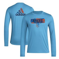 Represent your beloved New York City FC with the men's adidas sky blue New York City FC Local Pop AEROREADY long sleeve T-shirt. Crafted from recycled polyester, this breathable tee features AEROREADY technology to keep you dry and comfortable during intense matches or spirited cheering sessions. The crew neck and droptail hem provide a classic fit, while the bold New York City FC graphics proudly display your unwavering support for the team. Screen print graphics Officially licensed AEROREADY t Blue Adidas T-shirt For Streetwear, Blue Adidas Logo T-shirt For Sportswear, Sporty Adidas Blue T-shirt, Sporty Blue Adidas Logo T-shirt, Blue Adidas Sportswear T-shirt, New York City Fc, Mlb Teams, Free Shopping, Adidas Men