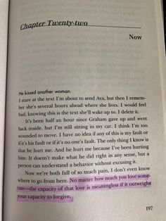 an open book with writing on it and the page in purple is not readable