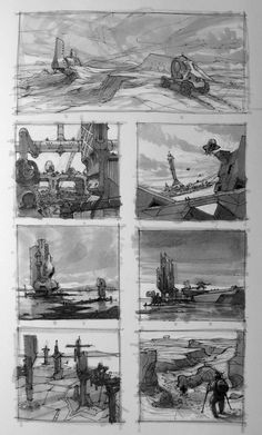 four different views of an ocean with ships and people in the water, one is on land