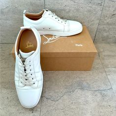 Great Used Condition White Leather Louboutin 'Louis Junior' Shoe In Size 43.5 Christian Louboutin Shoes Mens, Louboutin Shoes Mens, White Leather Shoes, Louboutin Shoes, Christian Louboutin Shoes, Mens Shoes Sneakers, White Leather, Leather Shoes, Christian Louboutin