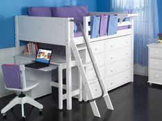 a white loft bed with desk and chair in the corner, next to a blue wall