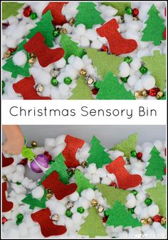 two pictures of christmas themed bins filled with cotton balls