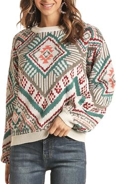 PANHANDLE Shirts Rock & Roll Cowgirl Women's Aztec Print Sweater 46-1169 Aztec Clothing, Western Sweaters, Aztec Print Sweater, Western Aztec, Multicolor Sweater, Aztec Sweater, Buy Sweaters, Love Sick, Print Sweater