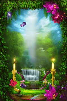 a beautiful scene with flowers, candles and a waterfall in the middle is surrounded by greenery