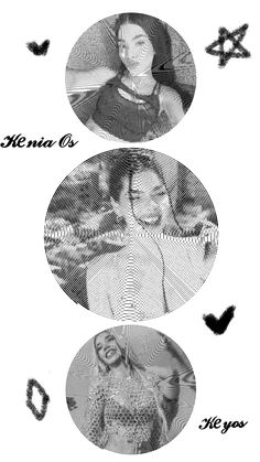 three circular images with the names of two people in black and white, one woman is holding