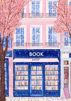 a painting of a book shop with pink trees in the foreground and blue windows