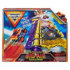 a toy set with cars and trucks in the box, including a rocket ship that is flying