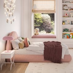 a bed room with a neatly made bed and a teddy bear on the window sill