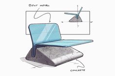 a blue chair sitting on top of a cement slab next to an object with metal legs