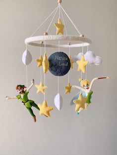 a mobile with three tinkerbells hanging from it's sides and the words never land above them