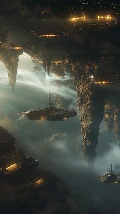 some sci - fi ships floating in the sky with lights shining on them and foggy clouds