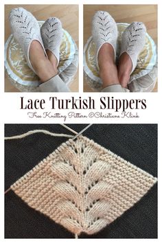 two pictures showing the same knitting pattern for lace turkish slippers