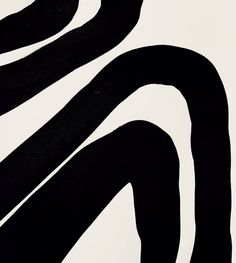 an abstract black and white painting with curved lines