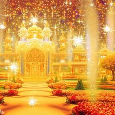 an image of a golden palace surrounded by flowers and trees with stars in the sky