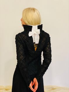 Elevate your wardrobe with the sophistication of our Black Unique Linen Women's Jacket by Aiste Anaite. Designed for special events or daily life, this piece seamlessly merges artistic craftsmanship with everyday elegance. Each jacket is a wearable work of art, featuring sculptural details on the fabric and an extra collar for added flair. With the option for custom orders, you can make this unique piece truly yours. ☑ Key Features: *Artistic Sculptures: Experience wearable art with sculptural d Elegant Fitted Long Sleeve Outerwear, Classic Tailored Top For Party, Fitted Long Sleeve Party Blazer, Fitted Long Sleeve Formal Outerwear, Formal Fitted Long Sleeve Outerwear, Tailored Long Sleeve Top For Party, Tailored Tops For Formal Winter Occasions, Black Long Sleeve Blazer For Party, Tailored Long Sleeve Evening Tops