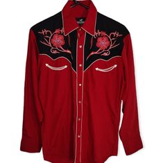 Men's Western Shirt Red And Black Embroidery Red Embroidered Long Sleeve Shirt, Fitted Embroidered Red Shirt, Fitted Red Embroidered Shirt, Red Embroidered Shirt For Spring, Red Cotton Shirt With Floral Embroidery, Traditional Red Fitted Shirt, Fitted Traditional Red Shirt, Red Fitted Traditional Shirt, Western Cowboy Outfit