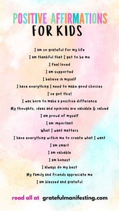 the poem positive affirmations for kids is shown in pink, blue and yellow