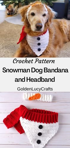 crochet pattern for a snowman dog bandana and headband with text overlay