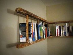 a bookshelf made out of old wooden planks