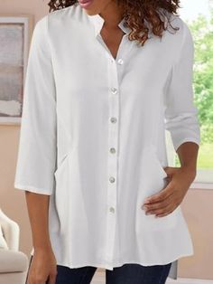 White Casual Stand-up Collar Solid Short Sleeve Blouse - Azzlee White Half Sleeve Top For Work, White Half Sleeve Workwear Top, White 3/4 Sleeve Blouse For Work, White Half Sleeve Blouse With Buttons, Elegant Half Sleeve Tops With Buttons, Elegant White Shirt With 3/4 Sleeves, White Tops With Roll-up Sleeves For Fall, White Top With Roll-up Sleeves For Fall, White Half Sleeve Top With Button Closure