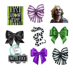 halloween hair bows with the words it's show time on them and an image of beetle