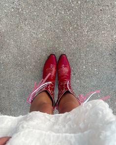 Ted Cowboy Boots, Red Boot Aesthetic, Cupids Cowgirl Party, Bows On Cowboy Boots, Outfit With Red Cowboy Boots, Cowboy Boots With Ribbon, Red Cowgirl Aesthetic, Red Cowboy Boots Aesthetic, Cupid Cowgirl