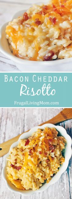 bacon cheddar risotto in a white bowl and on a wooden table