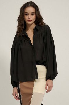 Big Sky Chiffon Balloon-Sleeve Oversize Shirt - ShopPromesa Chic Black Balloon Sleeve Blouse, Chic Black Blouse With Balloon Sleeves, Chic Oversized Long Sleeve Blouse, Casual Lantern Sleeve Blouse With Button Closure, Casual Blouse With Lantern Sleeves And Button Closure, Fall Shirt With Blouson Sleeves, Chic Workwear Shirt With Balloon Sleeves, Chic Flowy Button-up Top, Billowy Long Sleeve Blouse With Blouson Sleeves