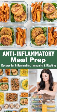 an image of meal prepped in plastic containers with text overlay that reads anti - inflamatory meal prepp