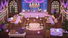 a room filled with lots of tables covered in purple and white cloths next to windows