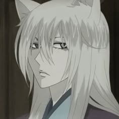 an anime character with long white hair and cat ears on his head, staring at the camera