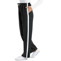 These Soft And Comfy Pull-On, Knit Pants Have A Sporty Stripe Down The Side Of Each Leg. They Feature A Comfortable Elasticized Waist, Side Pockets And Drawstring. Inseam 30"L. Machine Wash. Cotton And Polyester; Imported. Choose: Navy, Grey Or Black. Available In: Misses M(10-12), L(14-16), Or Womens Xl(18-20), Xxl(22-24). Casual Black Knit Bottoms, Black Knit Bottoms For Loungewear, Side Pants, Tapered Joggers, Collections Etc, Sports Trousers, Navy Grey, Pants Large, Straight Trousers