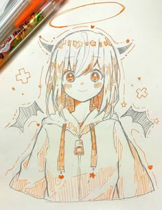 a drawing of an anime character with horns on her head