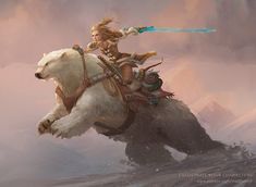 a woman riding on the back of a polar bear with an arrow in her hand